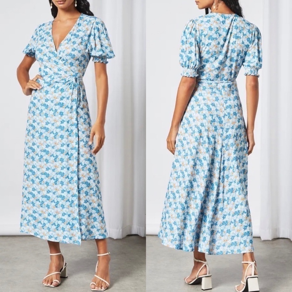NWT Charlie Holiday Blue Floral Puff Sleeve Wrap Midi Dress